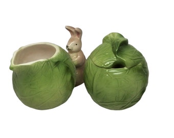 Ceramic Bunny Creamer & Sugar Bowl Set with Lettuce Pattern Small Chip on Lid