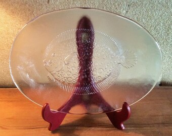 Clear Glass Flounder Fish Serving Plate Platter Oval Shape 13" x 9 1/2"