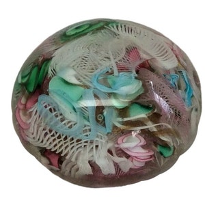 Murano Small Glass Paperweight White Lattice Filigree and Multicolored Twisted Ribbon Canes