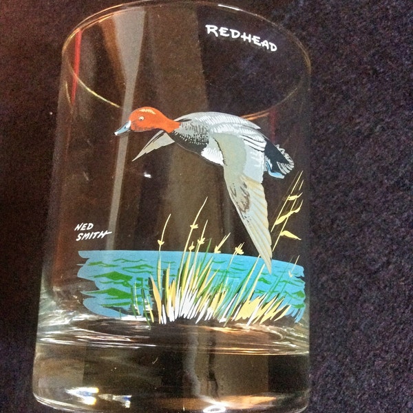 Ned Smith Duck Lowball Rocks Glass Redhead, Wildlife Glassware, Bird Lover Gift, Duck Glass, Nature Inspired Decor
