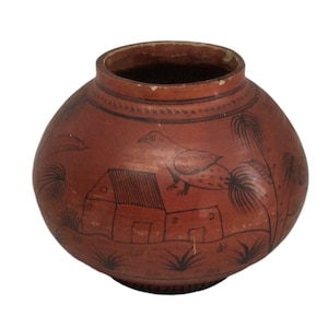 Vintage Black on Red Pottery Bowl Bird Design Chips Scratching