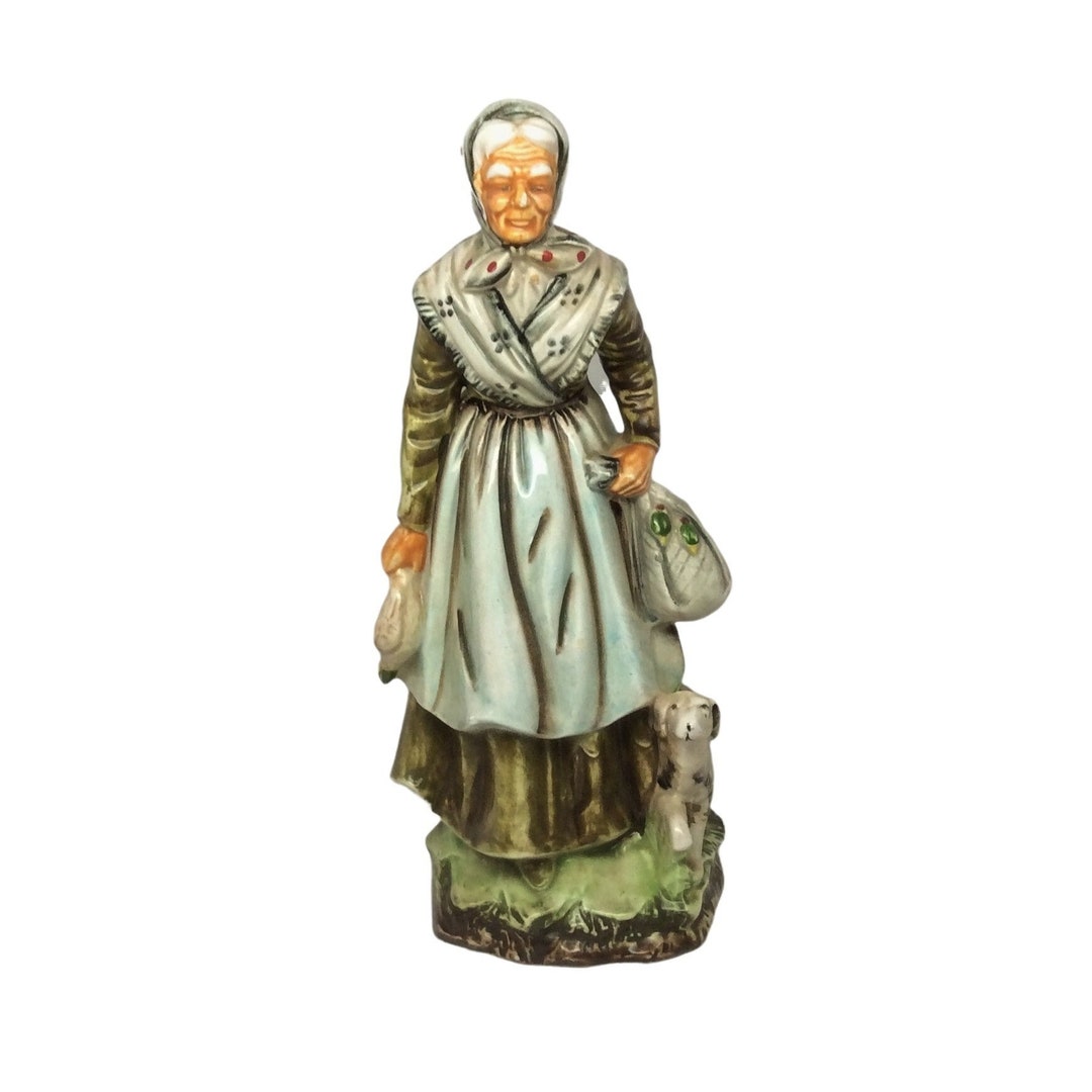 Old Lady Figurine With Her Dog Japan 11 Tall Ceramic Porcelain Vintage