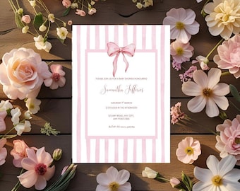 Editable Baby Shower Invitation - Pink Stripe Digital Invite - It's a Girl Canva Template - 5x7 Baby shower Download - Instant Download