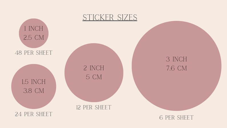 May include: A chart showing different sticker sizes in inches and centimeters. The chart shows 1 inch (2.5 cm), 1.5 inch (3.8 cm), 2 inch (5 cm), and 3 inch (7.6 cm) stickers. The number of stickers per sheet is also listed for each size.