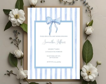 Editable Baby Shower Invitation - Blue Stripe Digital Invite - It's a Boy Canva Template - 5x7 Baby shower Download - Instant Download