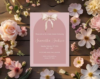 Editable Baby Shower Invitation Girl - Pink Bow Digital Invite - It's a Girl Canva Template - 5x7 Baby shower Download - Instant Download