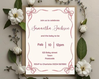 Editable Baby Shower Invitation Girl - Pink Bow Digital Invite - It's a Girl Canva Template - 5x7 Baby shower Download - Instant Download