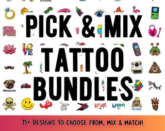 Temporary Tattoos Set Pack Pick & Mix - DIY Temporary Tattoo Station - Over 75+ Designs - Wedding, Birthday, Party Tattoos - 5cm size