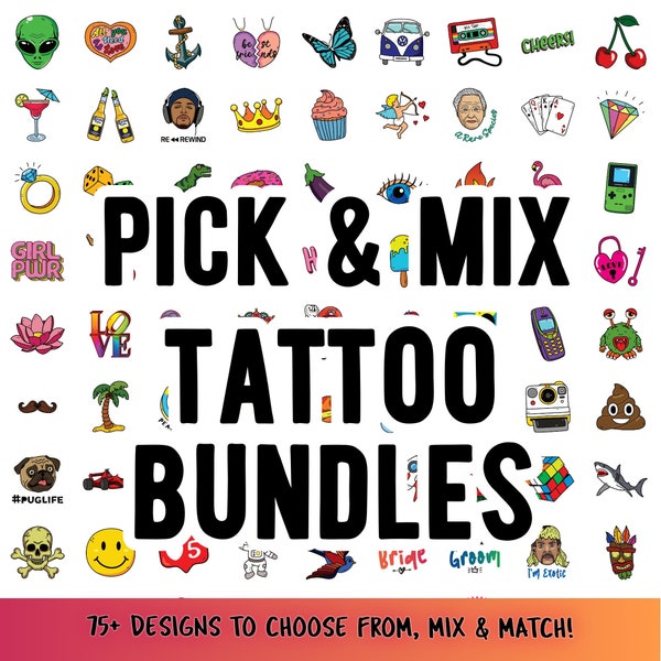 Paquete de conjunto de tatuajes temporales Pick & Mix - Estación de tatuajes temporales DIY - Más de 75 diseños - Tatuajes para bodas, cumpleaños y fiestas - Tamaño de 5 cm