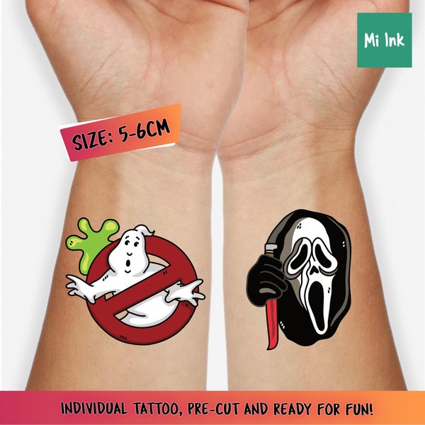 Halloween Temporary Tattoos Ghostbusters Scary Movie Scream - Unique Hand Drawn Temporary Tattoo Pre-Cut Party Accessory - 5-6cm size