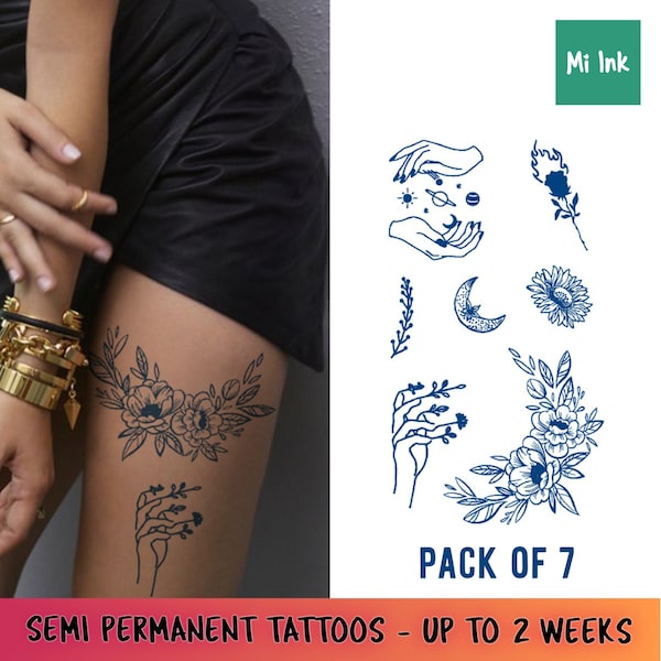 Semi Permanent Tattoo Multipack Hand & Finger Tattoos Flowers Peonies Sun and Moon Rose Realistic Tattoos - Lasts Up To 2 Weeks!