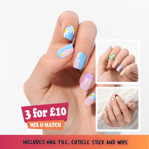 Nail Wraps Hearts Daisy Nails Wavey Abstract Pattern Nails Red Tip Nail Stickers Nail Strips Valentines Nails Summer Holiday Nails Fake Nail