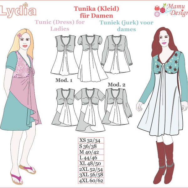 Schnittmuster "LYDIA" Tunika, Shirt, Top, Kleid Damen eBook von Mamu-Design