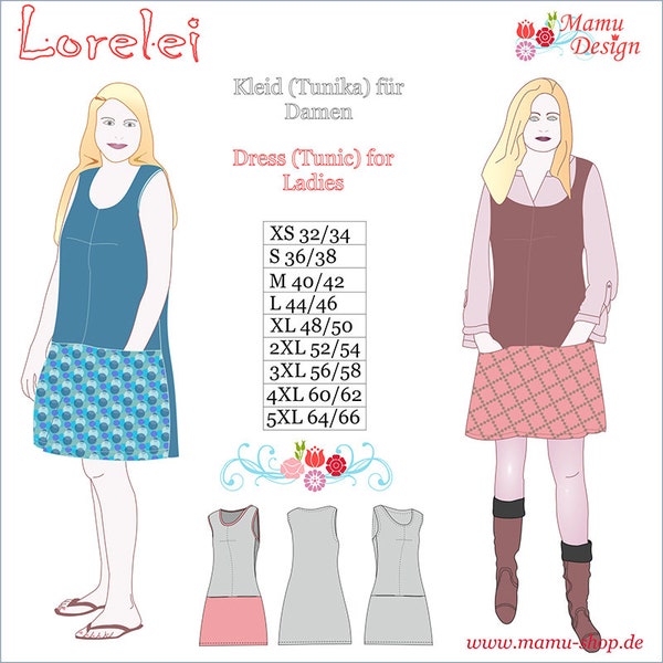 Schnittmuster"LORELEI" knielanges Kleid Tunika Damen eBook von Mamu-Design