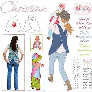 Puede incluir: Un patrón de costura para una túnica con un diseño de espalda cruzada. El patrón está disponible en tallas XS a XL. El patrón está ilustrado con una mujer usando la túnica, un niño usando la túnica y una muñeca usando la túnica. El patrón se llama "Christina" y está diseñado por Mamu Design.