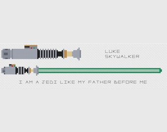 May include: A pixel art cross-stitch pattern featuring a green lightsaber and the text "LUKE SKYWALKER I AM A JEDI LIKE MY FATHER BEFORE ME."