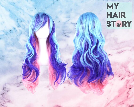 Blue Pink Cotton Candy Curly Wig Wavy Harajuku Japanese Etsy