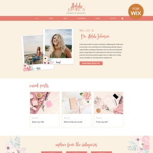 Può includere: Una home page di un blog di moda e stile di vita chiamato Adele Johnson. Il sito web presenta uno schema di colori rosa e bianco con accenti floreali. La home page include un messaggio di benvenuto, post di blog recenti e una sezione per esplorare le categorie.