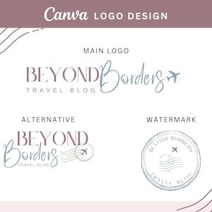 Può includere: Un design di logo per un blog di viaggi chiamato "Beyond Borders". Il logo principale presenta il testo "Beyond Borders" in un font blu e grigio con un'icona di aereo stilizzata. Il logo alternativo presenta lo stesso testo con un design di timbro stilizzato. Il logo di filigrana presenta il testo "Beyond Borders" in un cerchio con un'icona di aereo stilizzata e il testo "Travel Blog".