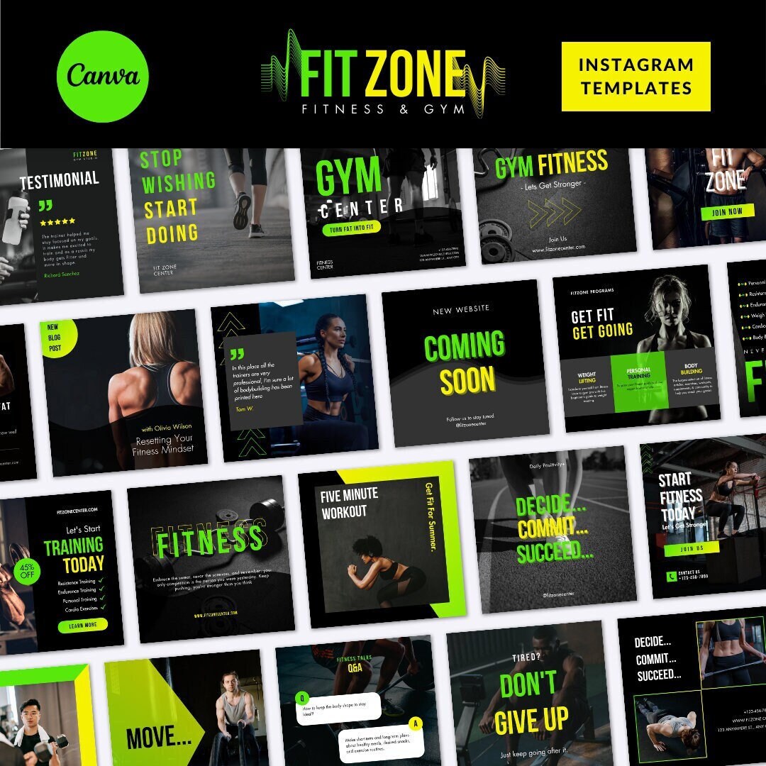 Fitness Instagram Canva Templates - Gym Instagram Posts - Sport Flyers - Black Instagram Templates - Social Media Posts C36