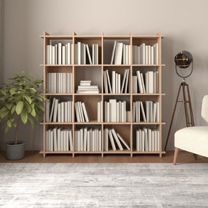 4x4 Modern Modular Plywood Bookshelf Bookcase KALLAX modules japandi custom design vinyl records books music studio 150x150x33cm / 59x59x13”