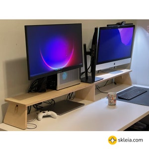 Elevador para monitor doble soporte madera blanco estante 2 pantallas  ajustable