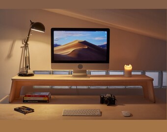 iMac Plywood Monitor Stand Custom Size from 24 inch to 75 inch / 60 cm to 190 cm Sturdy Desk Setup Designer Japandi Minimalist Bespoke