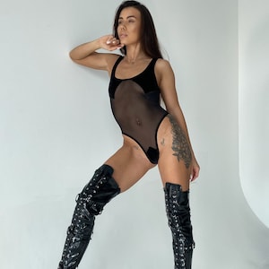 See Through Mesh Bodysuit with Velvet Accents for Clubwear and Stage Performance