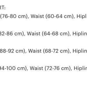 May include: A size chart with measurements in centimeters for XS, S, M, and L sizes. The chart lists chest, waist, and hipline measurements for each size. The text is in black font.