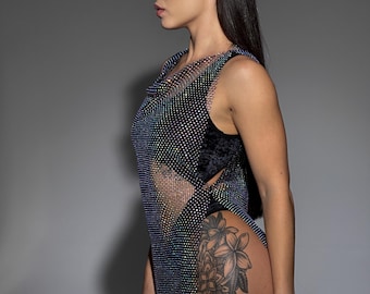 Robe transparente en maille de cristal pour un spectacle de pole dance ou une tenue de boîte de nuit