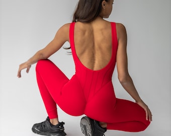 Catsuit dos nu rouge Combinaison sexy Body de pole dance Tenue d'entraînement Vêtements de sport Tenue de yoga et de fitness Unitard pour femme Cadeau pour elle