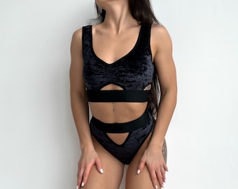 Velvet pole dance wear set with cutouts Black pole outfit for women Exotic dance costume High waist shorts and top for pole fitness