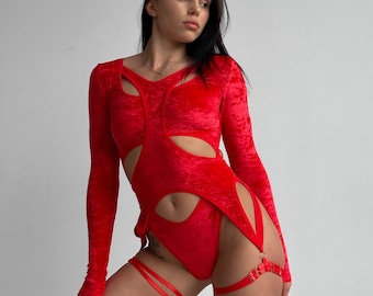 Pole dance wear bodysuit Stripper outfits Red Velvet thong bodysuit Pole dance leotard Long sleeve dance costume Exotic dancewear one piece