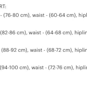 May include: Size chart for clothing with measurements in centimeters. XS: chest (76-80 cm), waist (60-64 cm), hipline (84-88 cm). S: chest (82-86 cm), waist (64-68 cm), hipline (90-94 cm). M: chest (88-92 cm), waist (68-72 cm), hipline (96-100 cm). L: chest (94-100 cm), waist (72-76 cm), hipline (102-106 cm).