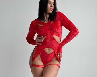 Pole dance wear bodysuit Stripper outfits Red Velvet thong bodysuit Pole dance leotard Long sleeve dance costume Exotic dancewear one piece