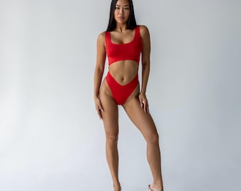 Body rouge découpé une pièce tenue Rave Body festival femme costume de pole dance