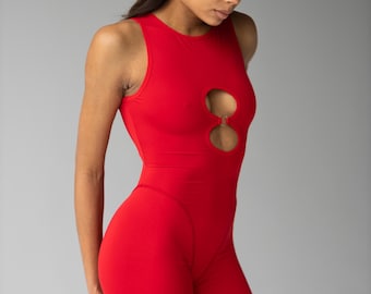 Combinaison festival rouge avec découpes dans le dos, tenue de scène de danse femme