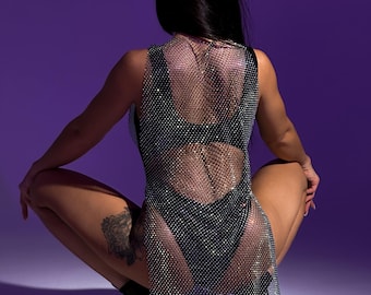 Robe tunique transparente en strass pour femme