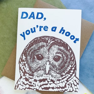 Handprinted linocut owl card for dad 100% recycled paper and sustainable ink image 3