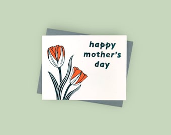 Handprinted linocut mother's day tulips card - 100% recycled paper and sustainable ink