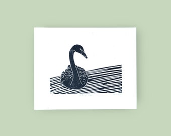 Handprinted black swan original linocut art