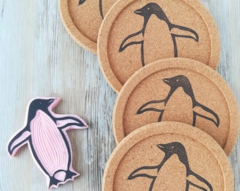 Handprinted adelie penguin cork coaster set