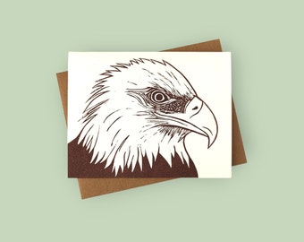 Handprinted linocut bald eagle card - 100% recycled paper and sustainable ink