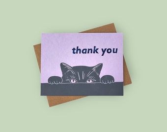 Handprinted linocut thank you cat cards - set of 6