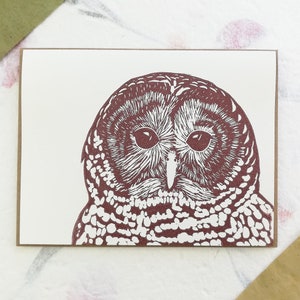 Handprinted linocut barred owl card 100% recycled paper and sustainable ink image 2