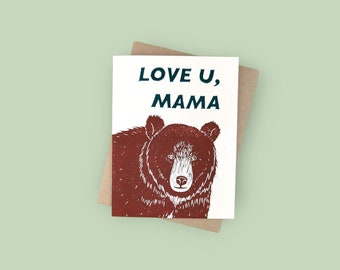 Handprinted love u mama bear linocut card