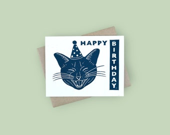 Handprinted linocut happy cat birthday card