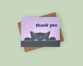 Handprinted linocut thank you cat card - 100% recycled paper and sustainable ink