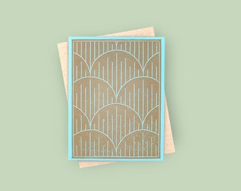 Set of 6 handprinted linocut art deco notecards - 100% recycled card and sustainable inks