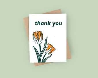 Handprinted thank you tulip linocut cards - set of 6